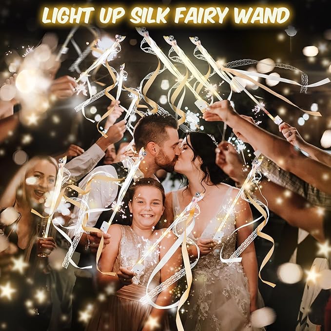 100 PCS Wedding Wands with Lights,Fairy Wands, LED Silk Fairy Wand with Bells for Wedding Send Off, New Year, Raves, Concert, Birthday