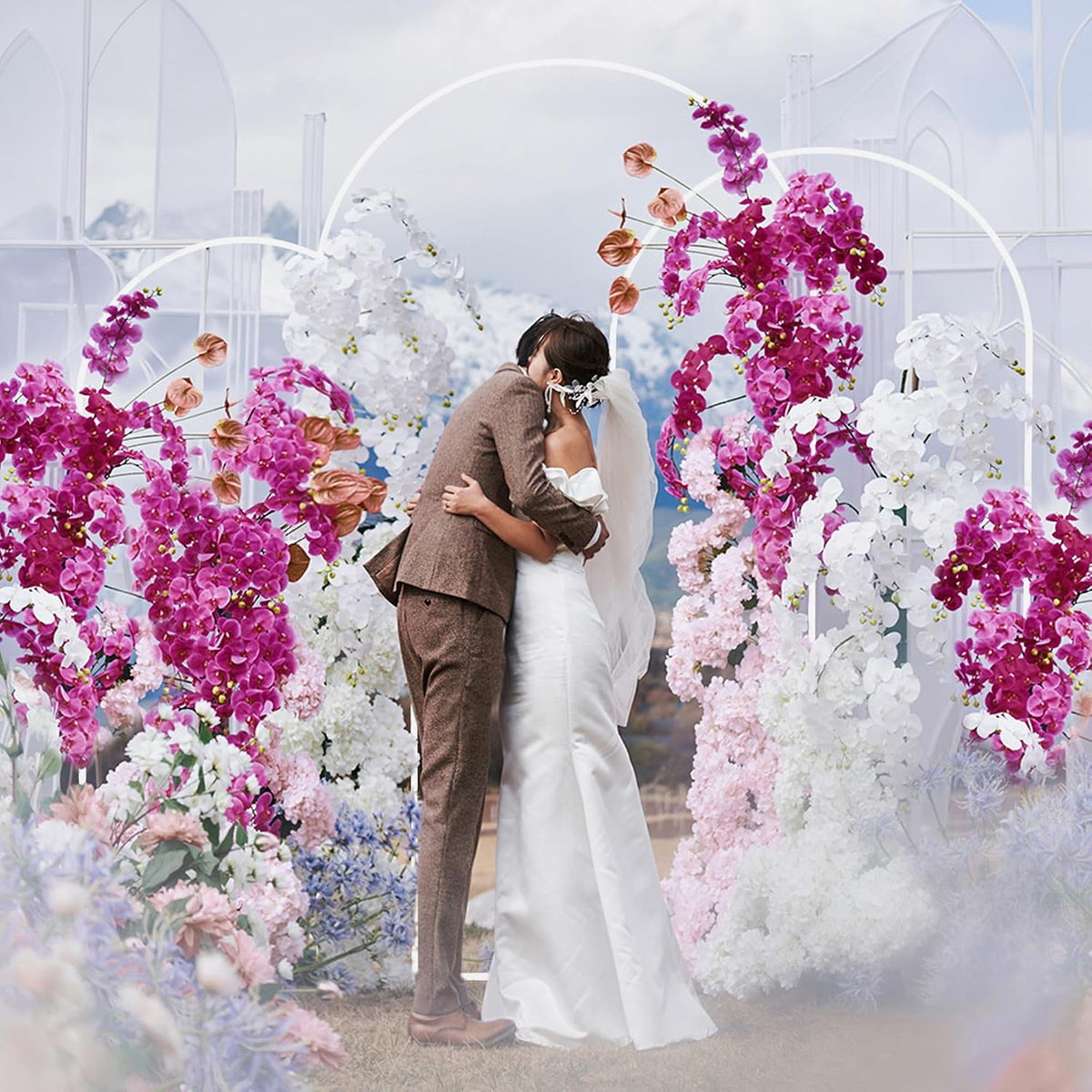 fomcet metal arch backdrop stand white 7.2ft, 6.6ft showing dimensions