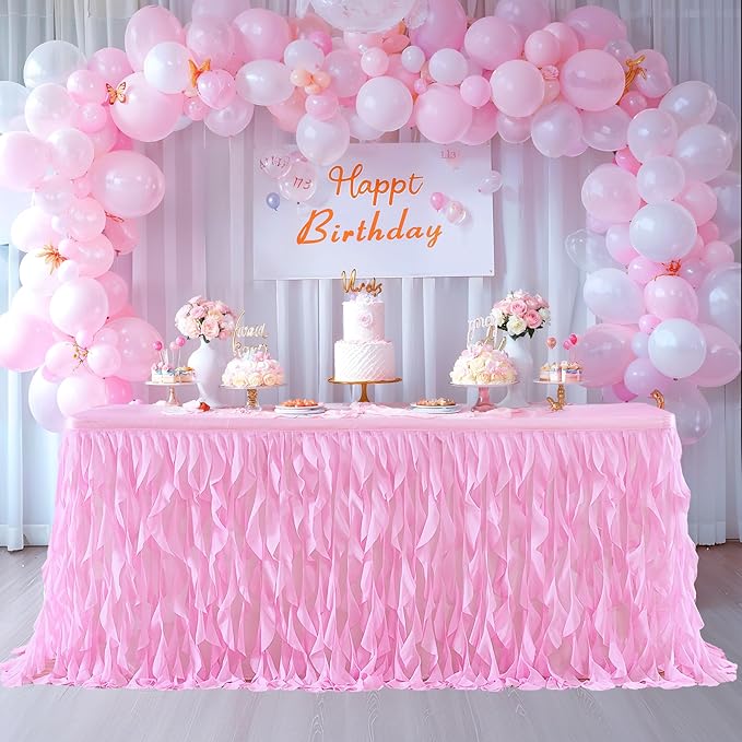PARTISKY Pink Tulle Curly Willow Table Skirt for Rectangle Table 6ft, Ruffle Tutu Table Cloth for Girls Baby Shower,Birthday Party Candy Cake Tables