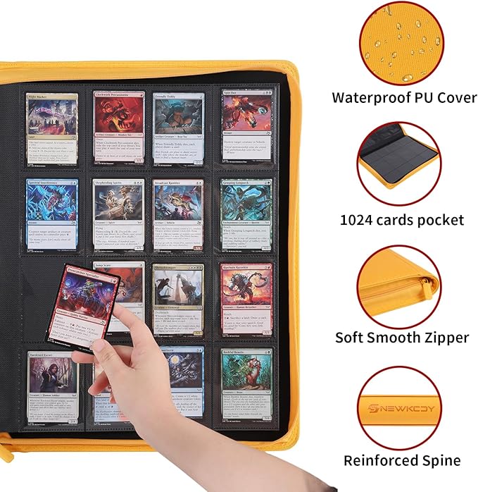 Snekdy premium 1024-pocket trading card binder, 16-pocket cards album, waterproof PU-leather Cover album with side loading, holds gaming, baseball, basketball & sports cards (Yellow)