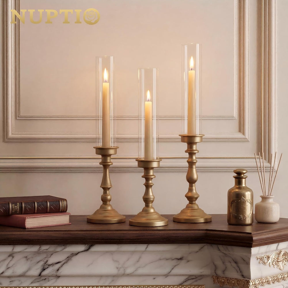 NUPTIO Hurricane Candle Holders, Set of 6 Gold Taper Holders with Glass