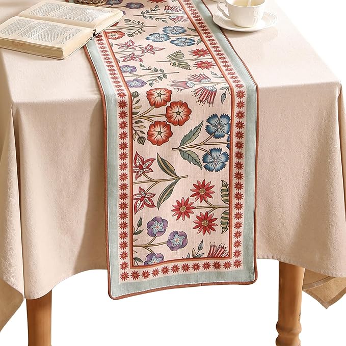 Decorative Linen Table Runner 87 Inches Long,Green Floral Rustic Farmhouse Runner for Table Decor Tabletop Table Runners for Kitchen,Dining,Party,Home,Christmas,12"*87"