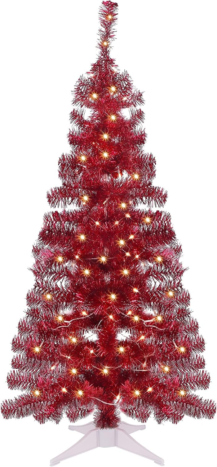 Juegoal 4 FT Pre-lit Artificial Christmas Tree, Lighted Red Tinsel Pine Spruc...