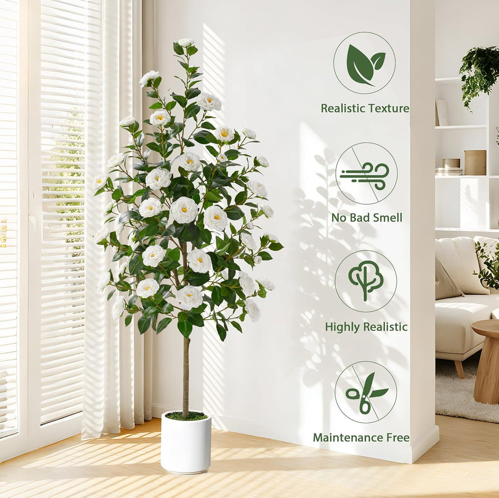 2 Pack 5 FT Artificial Camellia Tree, Artificial Tree Plants Outdoor