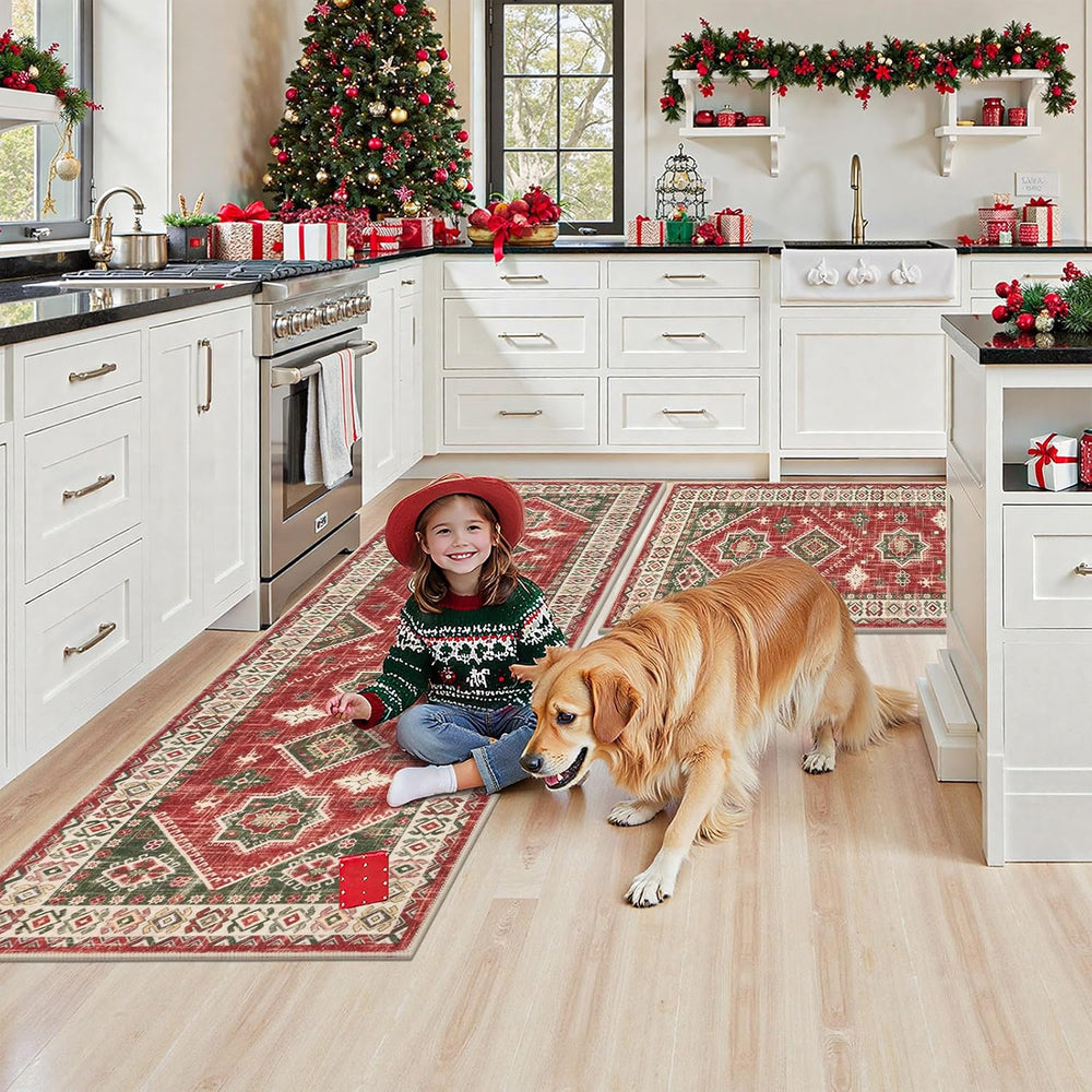 HEBE Christmas Kitchen Rugs Set of 3, Red Washable Kitchen Mats for Floor