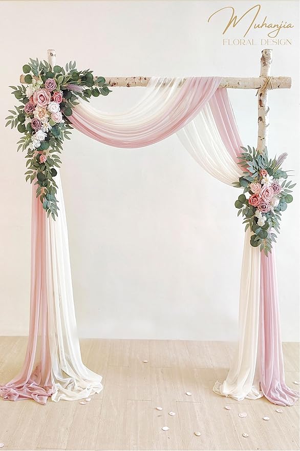 Artificial Wedding Arch Flowers Kit(Pack of 4),2Pcs Artificial Flower Arch Decor, 2Pcs Chiffon Fabric Drapes, Ceremony Decoration, Floral Outdoor Party Decor (Dusty Rose & Champagne)