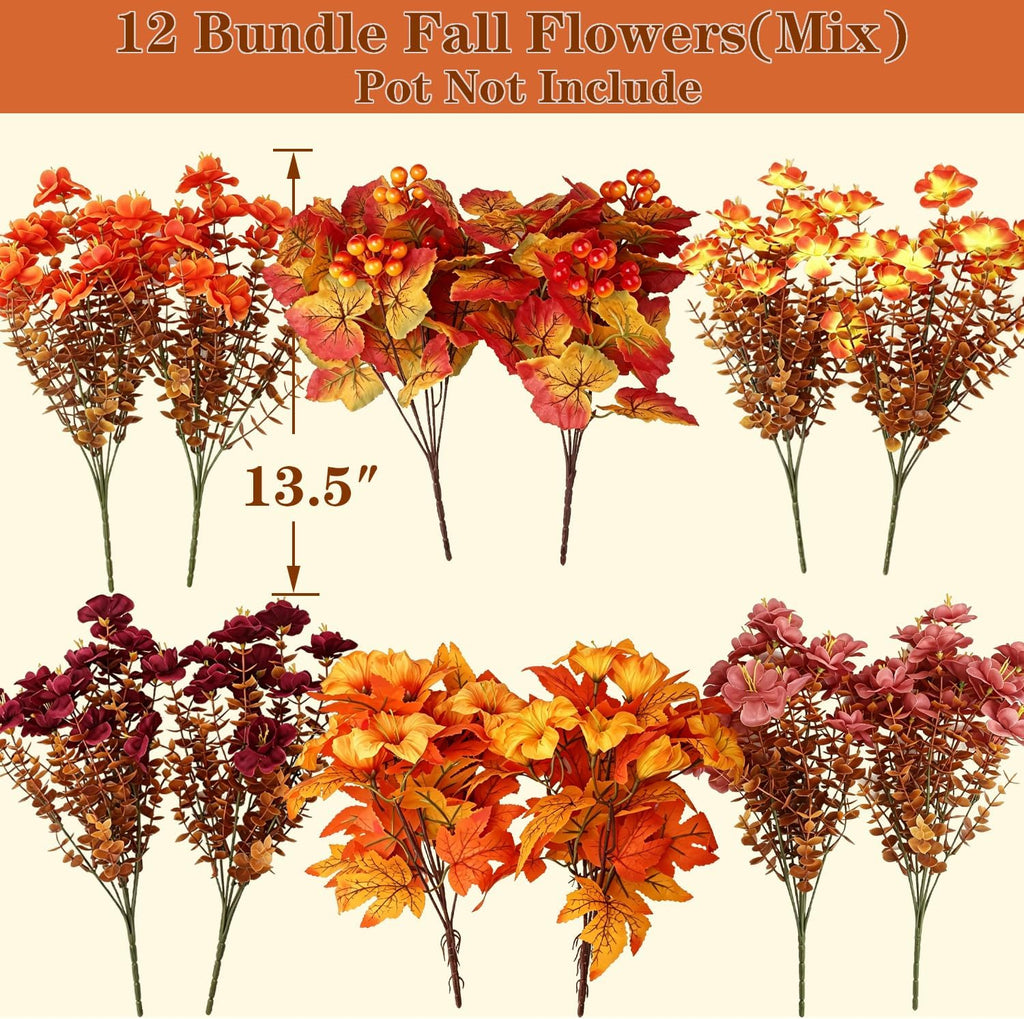 Grunyia 12 Bundle Fall Artificial Flowers for Outdoor Planters Decor