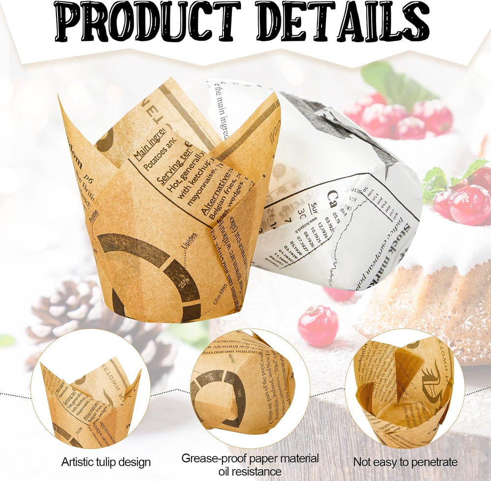 Potchen 800 Pcs Tulip Cupcake Liners Baking Cups,Newspaper,Retro Style