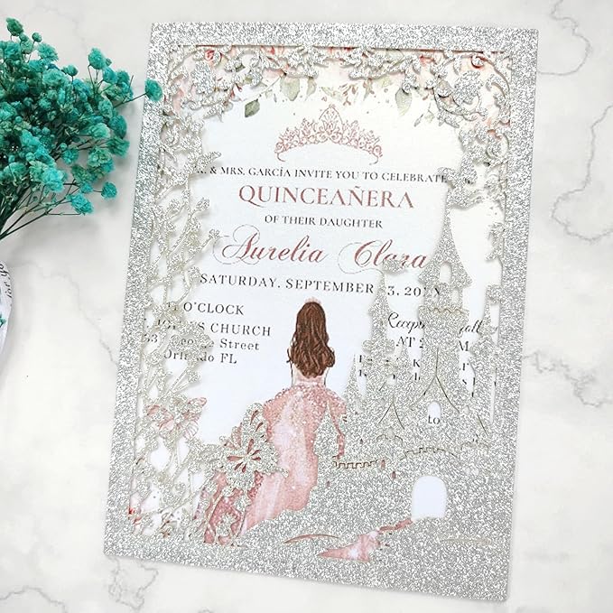 20PCS Castle Pocket Invitations, Quinceanera Invitations with Envelopes, Princess Invitation, Laser Cut quince invites (glitter silver)