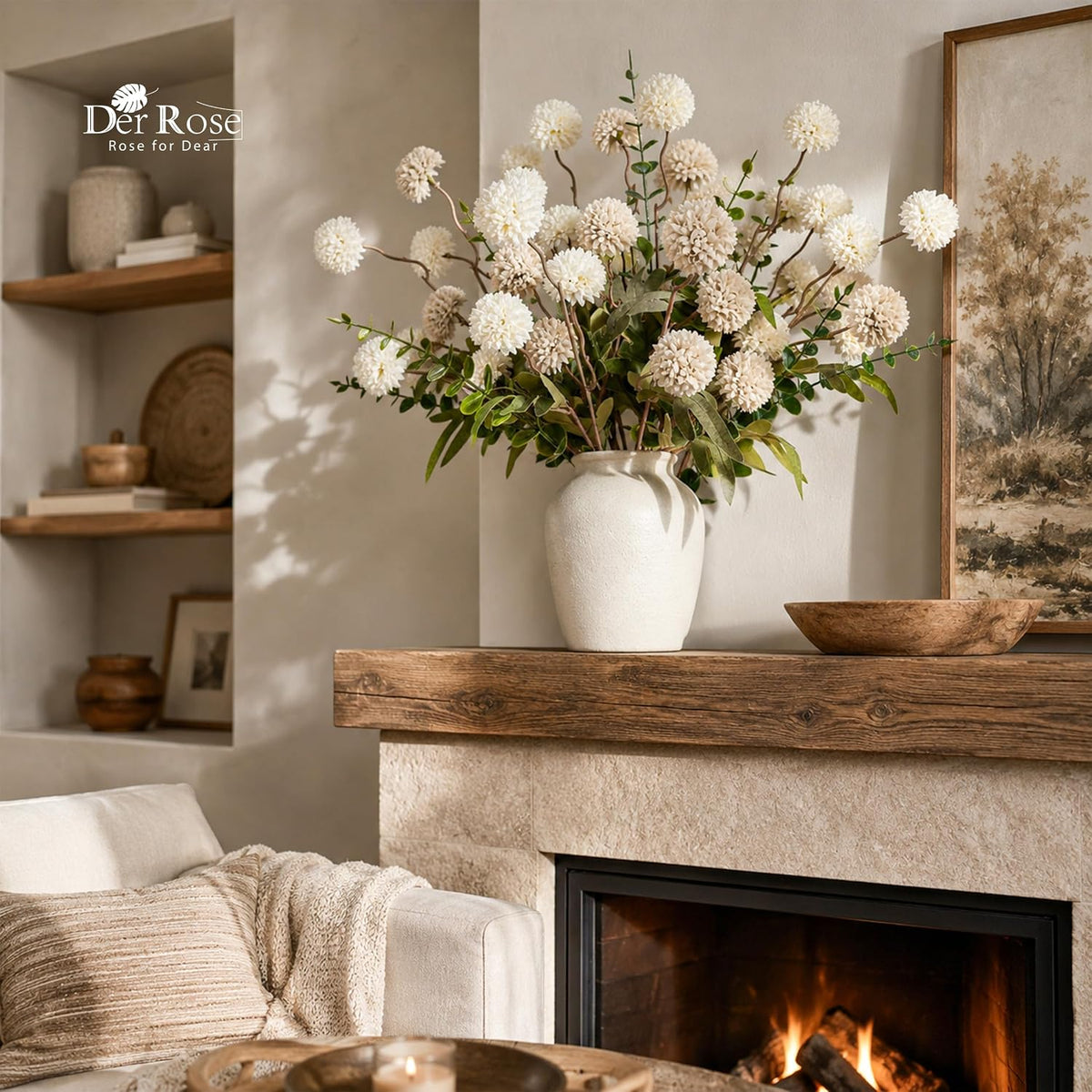 Der Rose 18Pcs Fake Flowers White Blooms and Eucalyptus for Spring Decor
