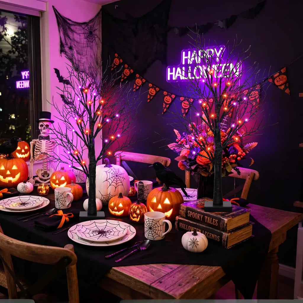 [Timer] 2 Pack Halloween Decorations Indoor, 24 Inch Lighted Black Halloween Tree with 24 Orange & Purple Lights, USB or Battery Powered Spooky Tabletop Tree for Home, Party, Fireplace & Holiday Decor
