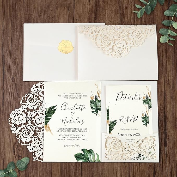 DORIS HOME 50pcs Laser Cut Wedding Invitation Pockets with Envelopes Ivory White, 5.12" x 7.12"Invitation Cards for Wedding, Anniversary (No Inserts Included)