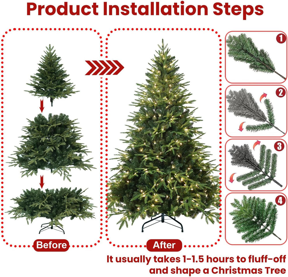 6ft Prelit Artificial Christmas Tree with 2056 PE PVC Tips, Premium Pre-Lit H...