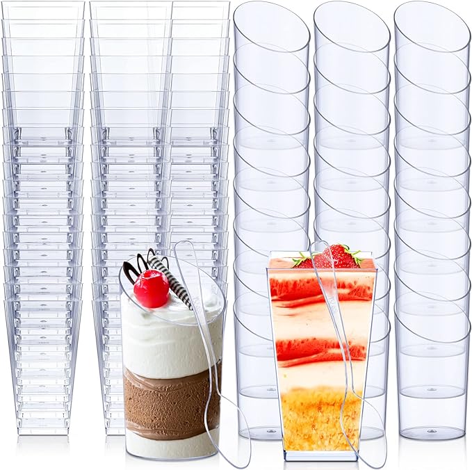 Nuogo 100 Pcs Mini Dessert Cups with Spoons Include 3 oz Square Plastic Appetizer Cups 2.5 oz Slanted Round Parfait Shooter Cup Small Clear Mousse Pudding Cup for Wedding Baby Shower Birthday Party (200 Pcs)