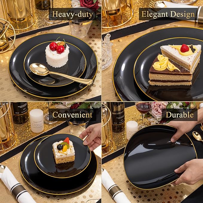 KIRE 175Pcs Black Plates Disposable - Heavy Duty Black and Gold Plastic Plates- 25 for Dinner 25 for Dessert 25 Pre Rolled Gold Silverware and 25 Cups for Birthday Party/Halloween/New Year