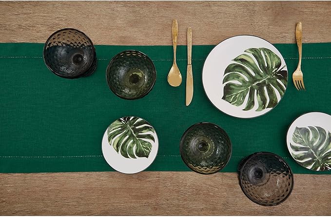 Solino Home Linen Rainforest Green Table Runner 72 Inches Long - 100% Pure Linen Hemstitch Table Runner 14 x 72 Inch for Dresser, Dining, Fall, Autumn, Thanksgiving, Christmas - Classic Hemstitch