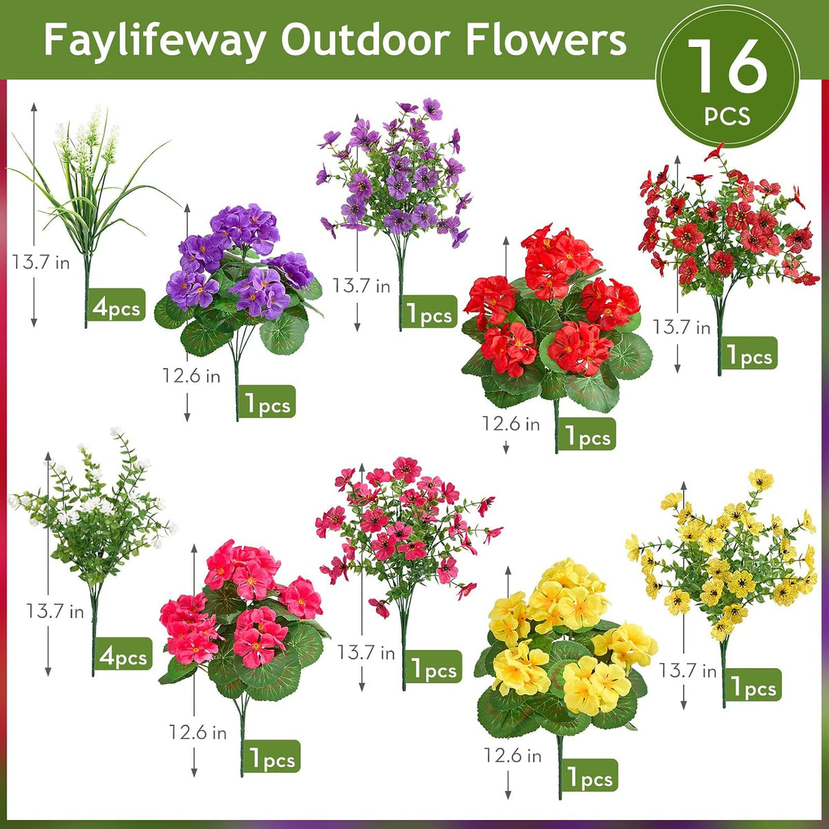 16 Bundles UV Resistant Silk Artificial Outdoor Flowers for Window Box