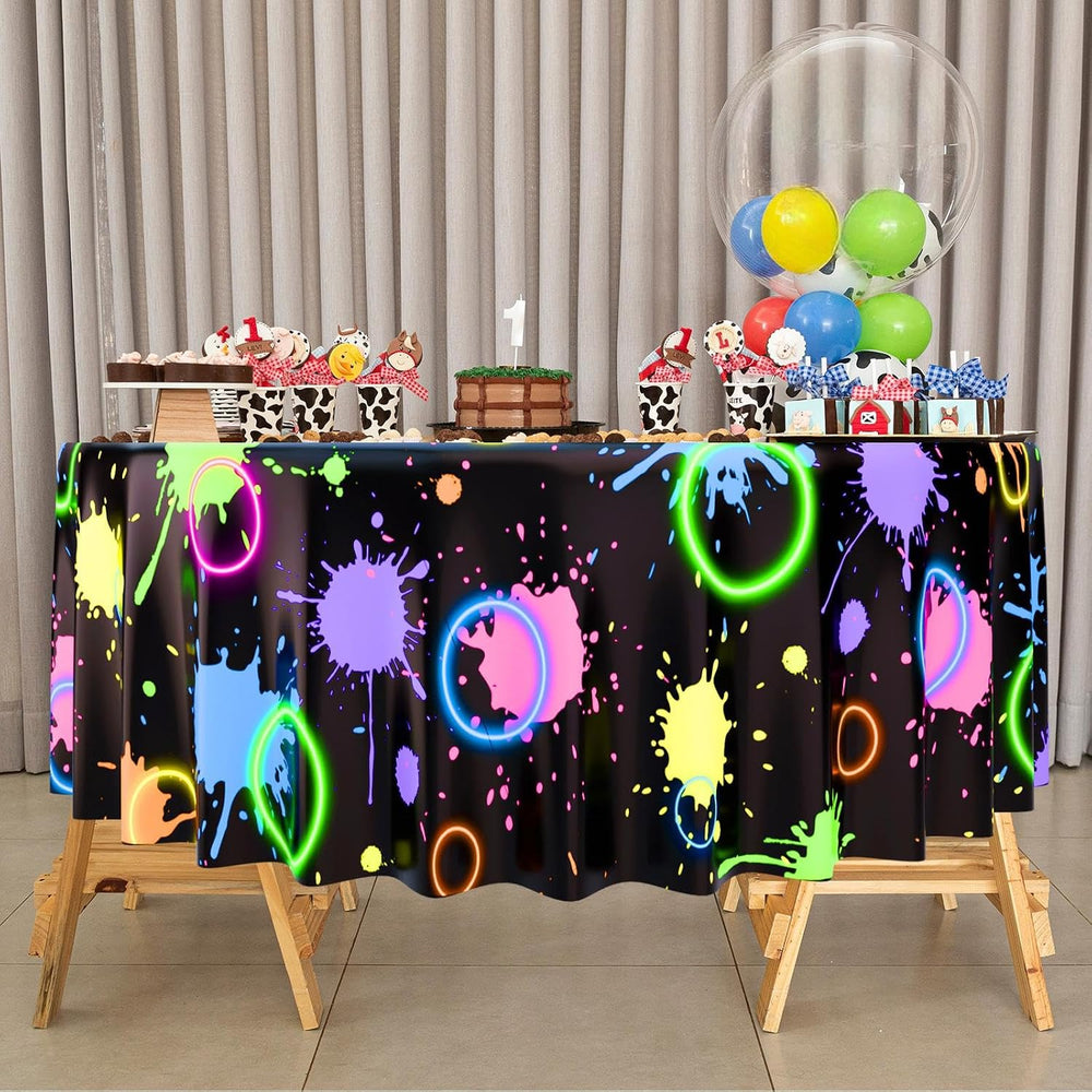 12 Pcs Neon Round Plastic Tablecloths 84" Party Table, Black