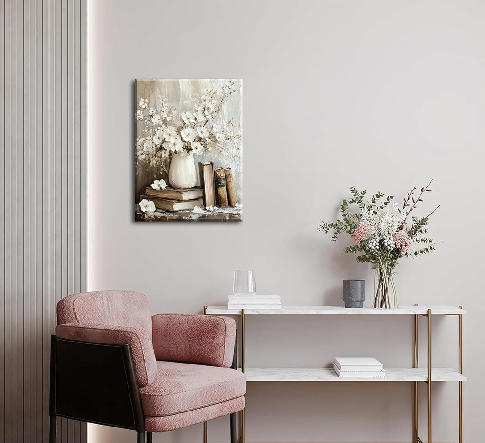 Vintage Books and White Flowers Canvas Wall Art,16x24 Inch