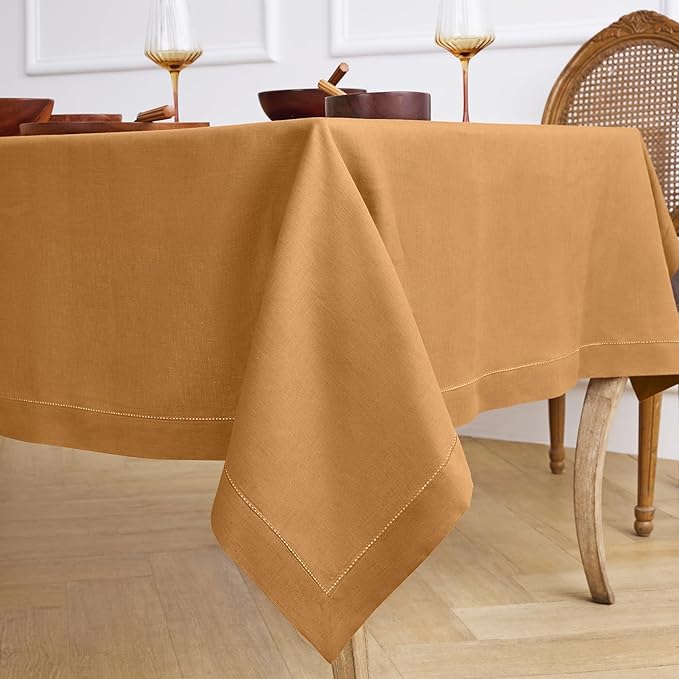 Solino Home Brown Sugar Linen Tablecloth 60 x 90 Inch - Classic Hemstitch, 100% Pure Linen Rectangular Tablecloth - Machine Washable Table Cloth for Fall, Autumn, Thanksgiving