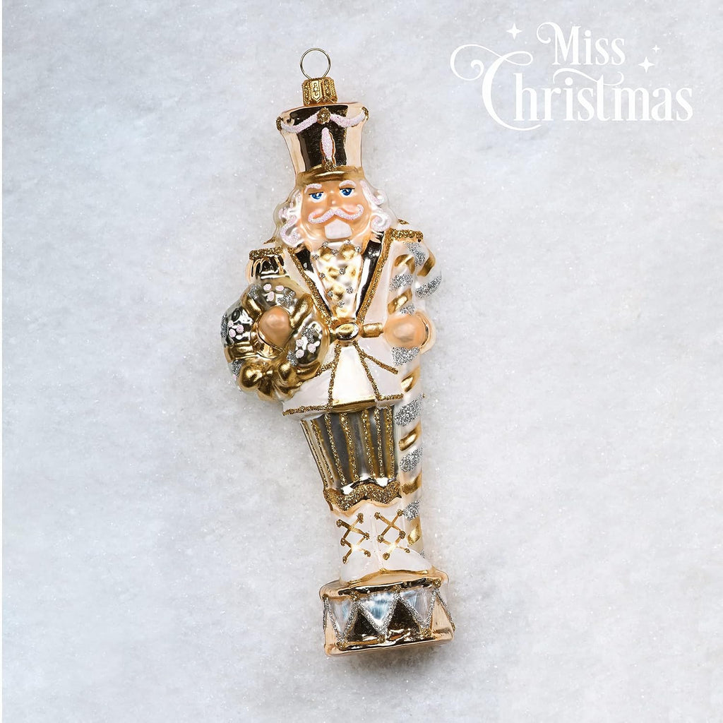 Miss Christmas 2026 Collection Fancy Nutcracker Soldier 7-Inch Blown Glass Christmas Tree Ornament (Elegant White Nutcracker)