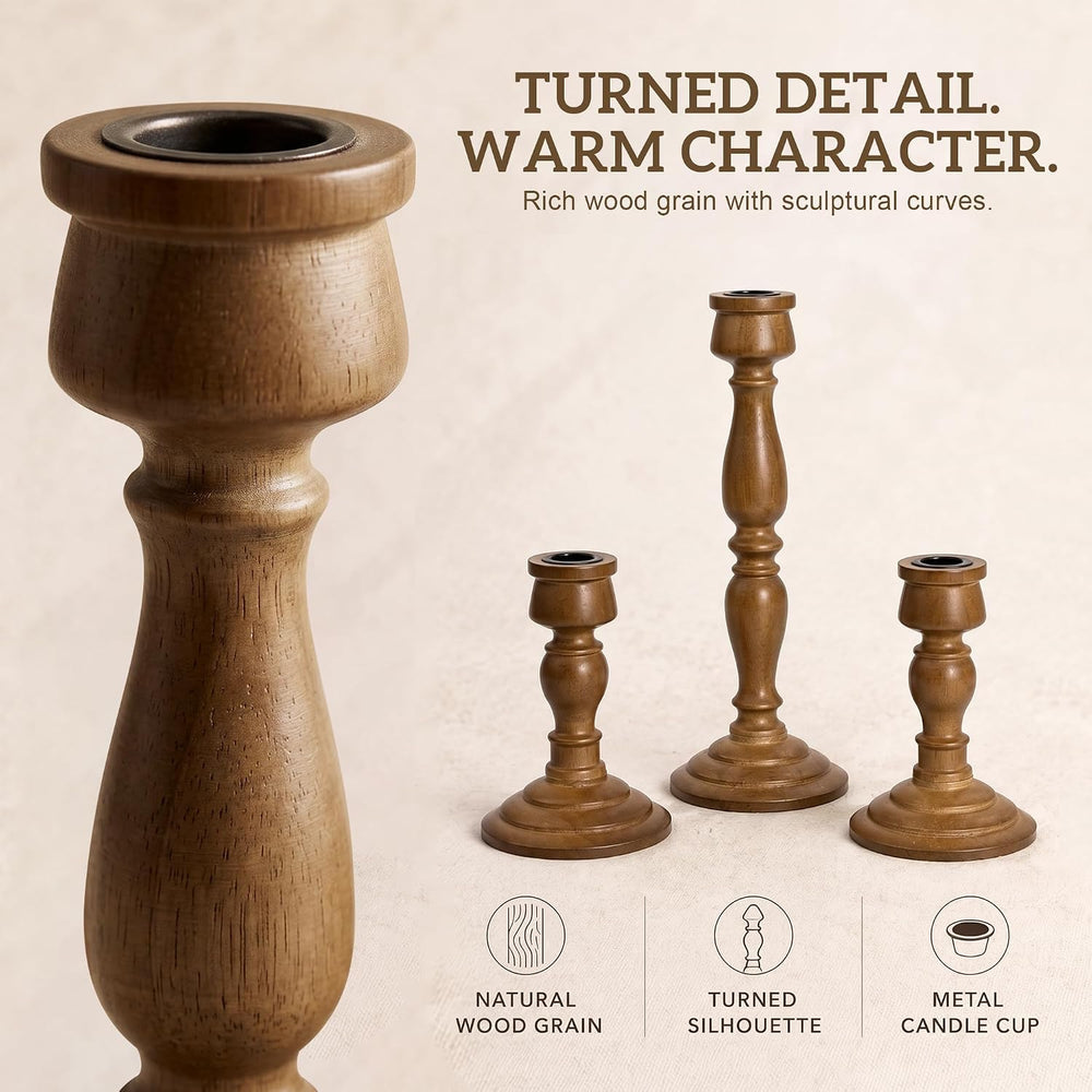 Wooden Taper Candle Holders Set of 3, Rustic Brown Farmhouse Decor