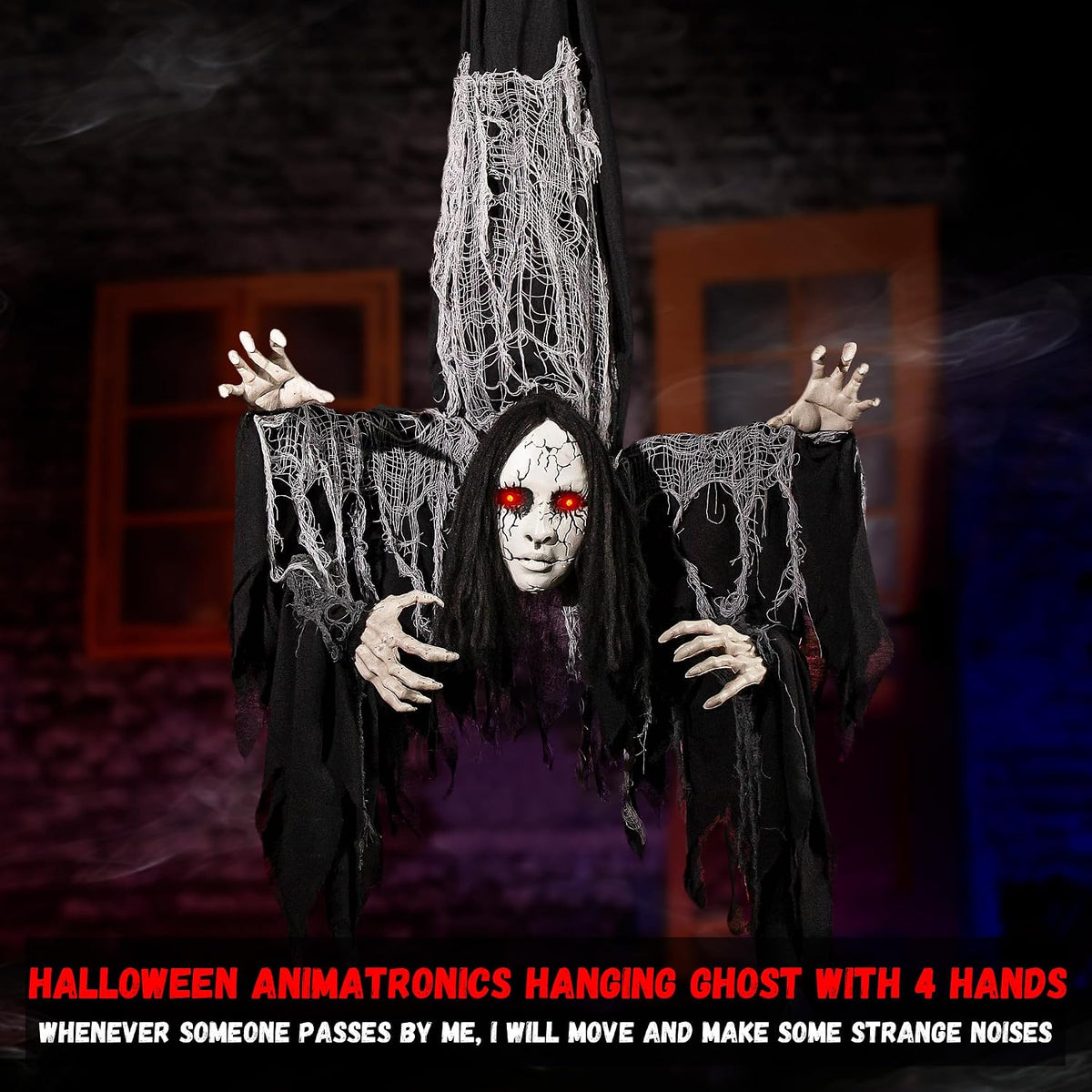 Halloween Animatronics Decorations Hanging Ghost with 4 Hands, 67'' Animated Spooky Zombie Ghosts with Creepy Sounds, Lighted Eyes, Scary Move, Haunted House Props Decor for Indoor Outdoor Yard Lawn