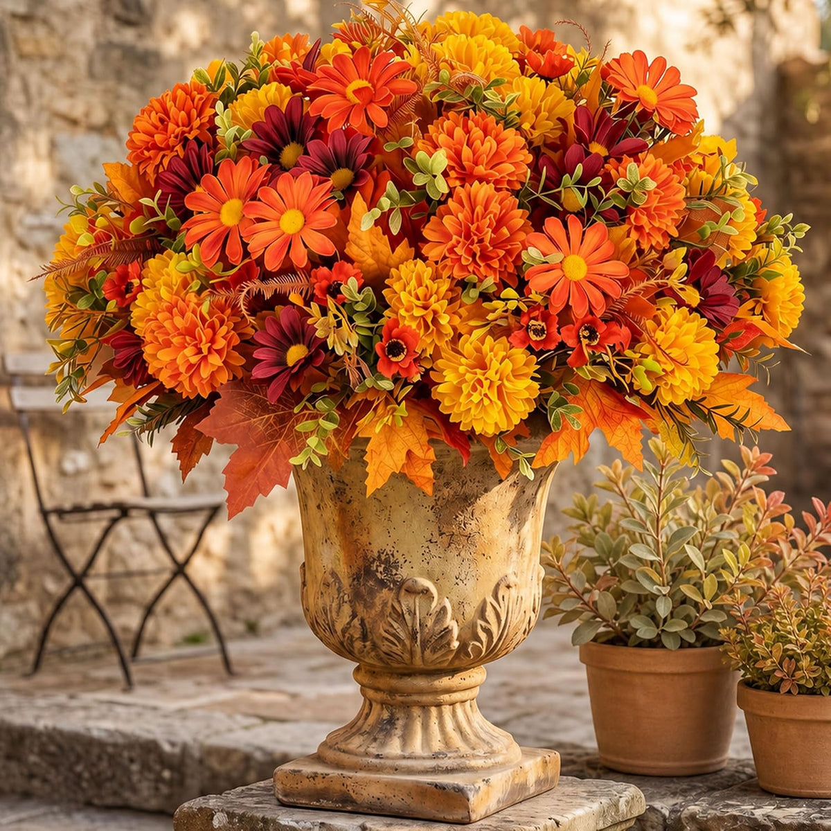 BLOSMON Faux Mums for Outdoor Planters: Realistic Fall Flowers Artificial