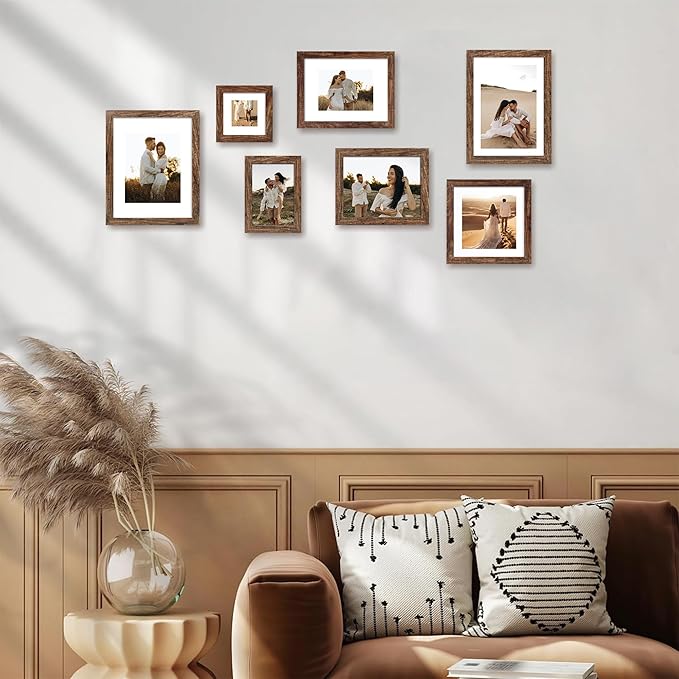 10x14 Picture Frame Set of 4 with Tempered Glass, Rustic Frame Display 8x12 Pictures with Mat or 10 x 14 Without Mat, Wooden Photo Frames for Wall Mounting
