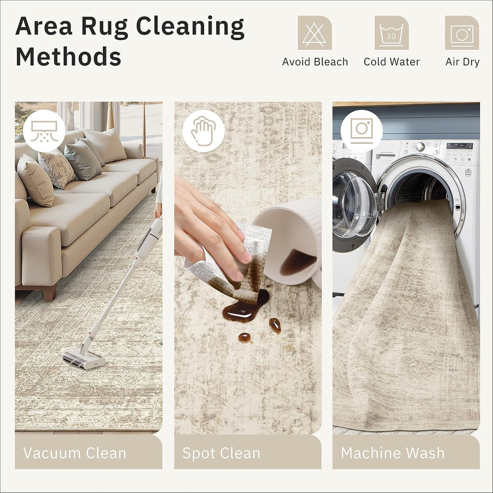 Soalmost 9x12 Area Rugs for Living Room Washable Print Rug Non-Slip Beige