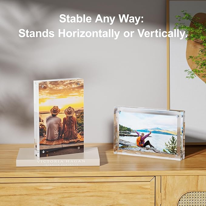 3 Pack 5x7 Acrylic Picture Frames - 20% Thicker Double Sided Magnetic Frame with UV Protection - Freestanding Clear Frameless Display for Tabletops - Modern Photo Frame Set for Home & Office Decor