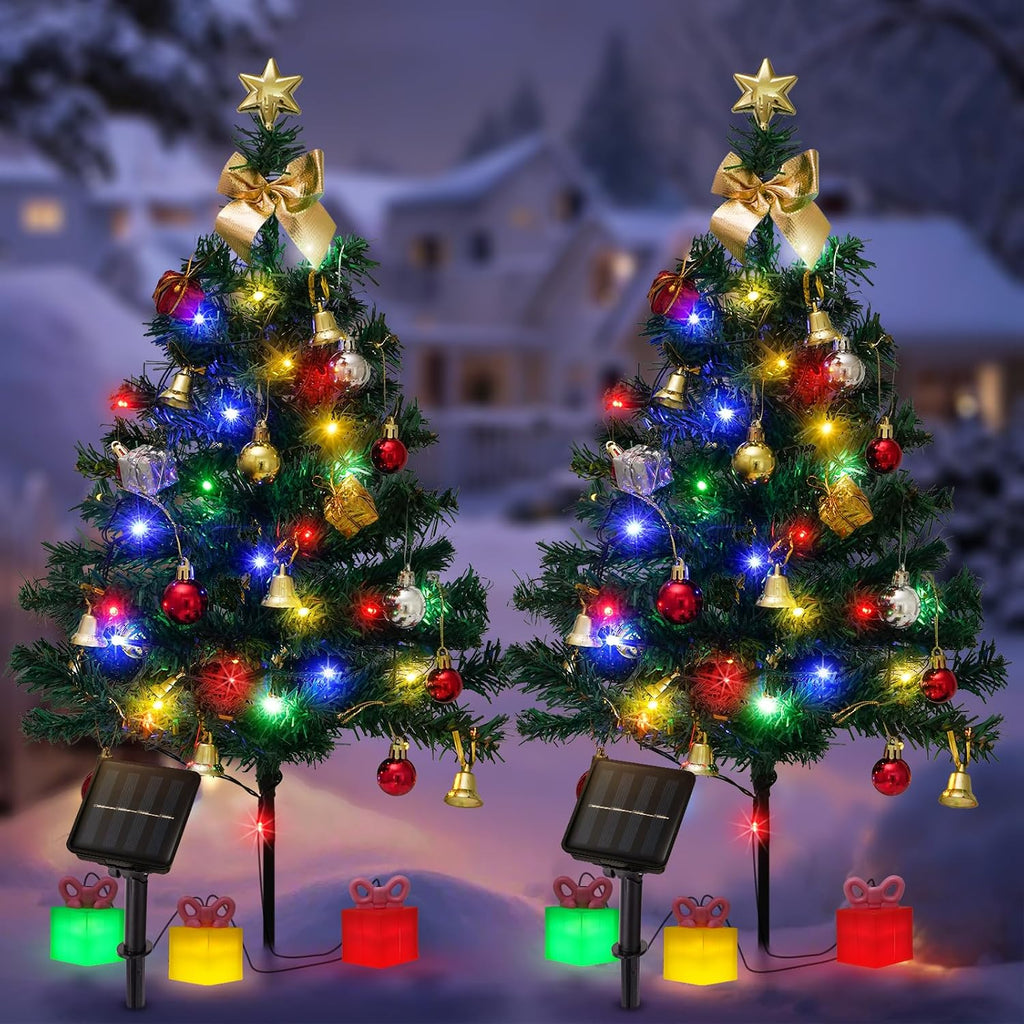 mini christmas tree solar lights, outdoor decorations, 2 shown in use