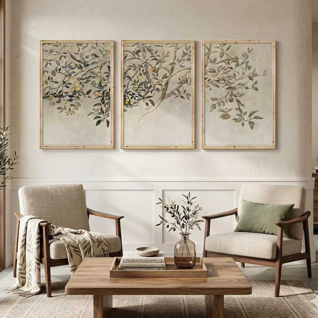 large vintage framed 3 piece tree wall art, package contents