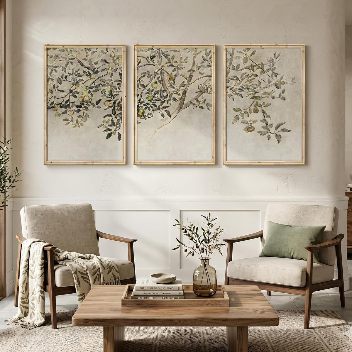 large vintage framed 3 piece tree wall art, package contents