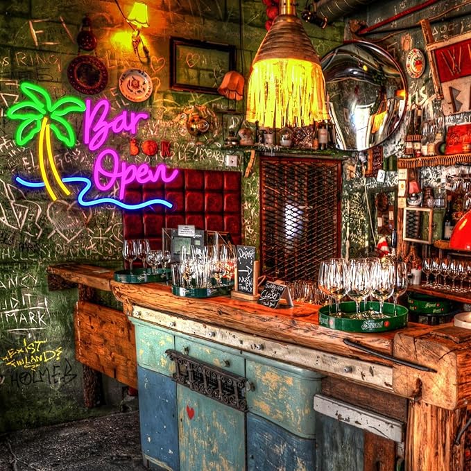 Bar Open Sign for Business, Neon Open Sign, USB Dimmable Palm Tree Neon Lights for Beer Bar Coffee Cafe Home Pub Man Cave Stores Hotel Party Window Wall Decor Restaurant
