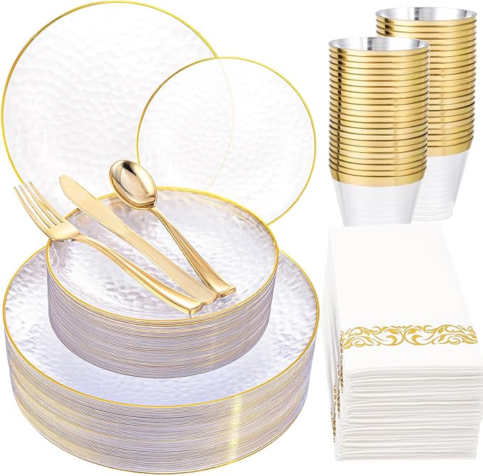 Rubtlamp 175 Pcs Plastic Dinnerware Set (25 Guests), Clear And Gold Plastic Plates, Hammered Party Plates Include Dinner Platos, Dessert Platos, Cups, Gold Cutlery Set And Napkins for Party