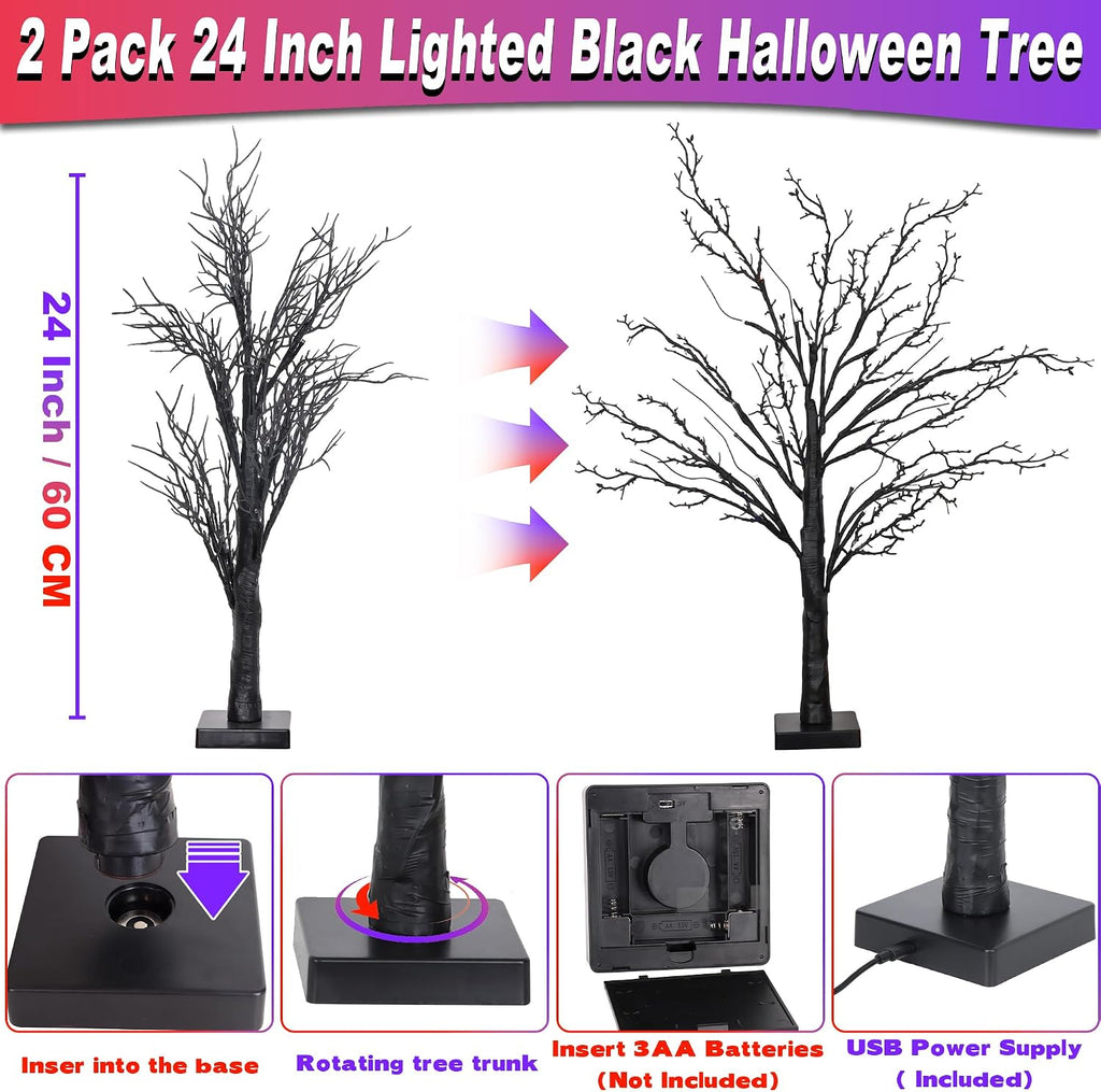 [Timer] 2 Pack Halloween Decorations Indoor, 24 Inch Lighted Black Halloween Tree with 24 Orange & Purple Lights, USB or Battery Powered Spooky Tabletop Tree for Home, Party, Fireplace & Holiday Decor