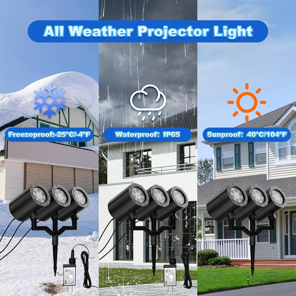 Christmas Projector Lights Outdoor, 2025 Upgraded Triple Head Snowflake Projector High Brightness, Led Dynamic Rotating Snowfall Projection IP65 Waterproof with 16.4ft Cord for Yard Houses Party Decor