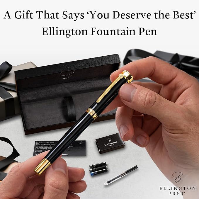 Ellington Pens Luxury Fountain Pen Set- Fountain Pens for Writing - Smooth Medium Nib - Includes Refillable Ink Converter, 3 Ink Cartridges [Black & Blue], Gift Box - Elegant Calligraphy