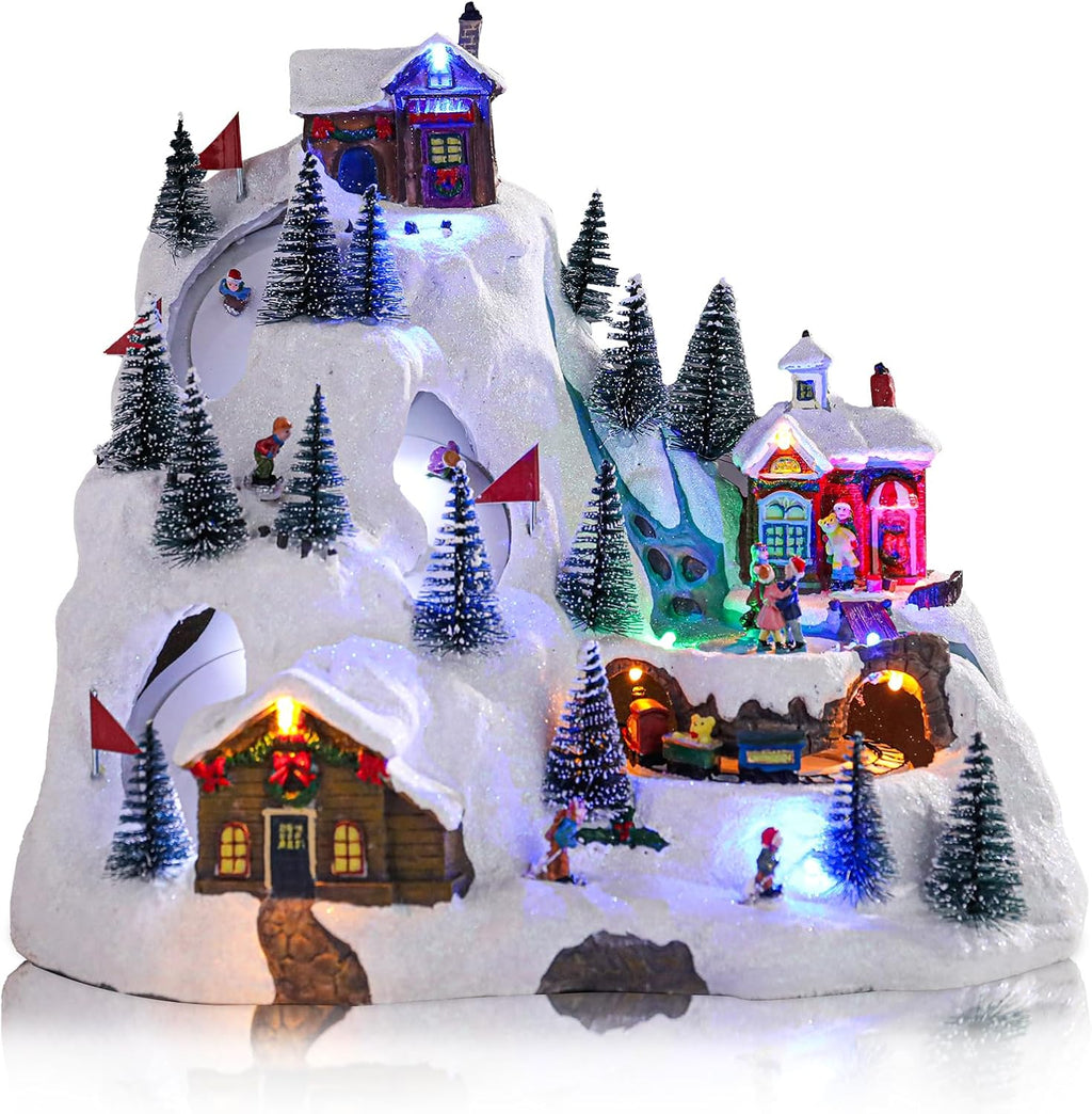 VCUTEKA Christmas Village Collectible Building, Snowy Mountain with Ski Slopes and Revolving Train Lighted Musical Village Addition to Your Christmas Indoor Decor