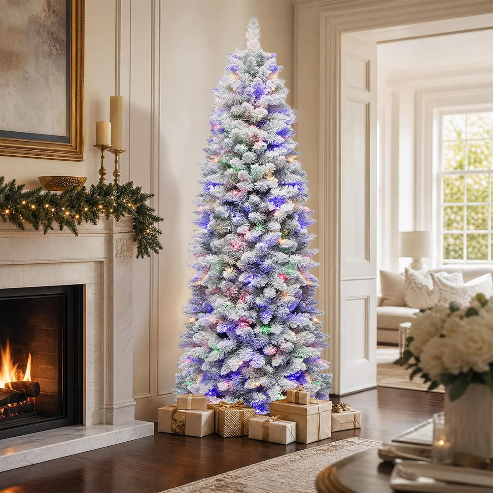 Hykolity 7.5ft Prelit Slim Flocked Christmas Tree with 240 Multicolor LEDs