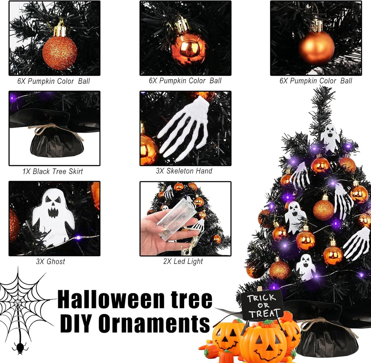 20" Mini Halloween Tree Black Tree Artificial Mini Halloween Tree with Purple LED Lights, Orange Balls Ornaments, Skeleton Hand and Ghost Decorations for Halloween Tabletop Decoration