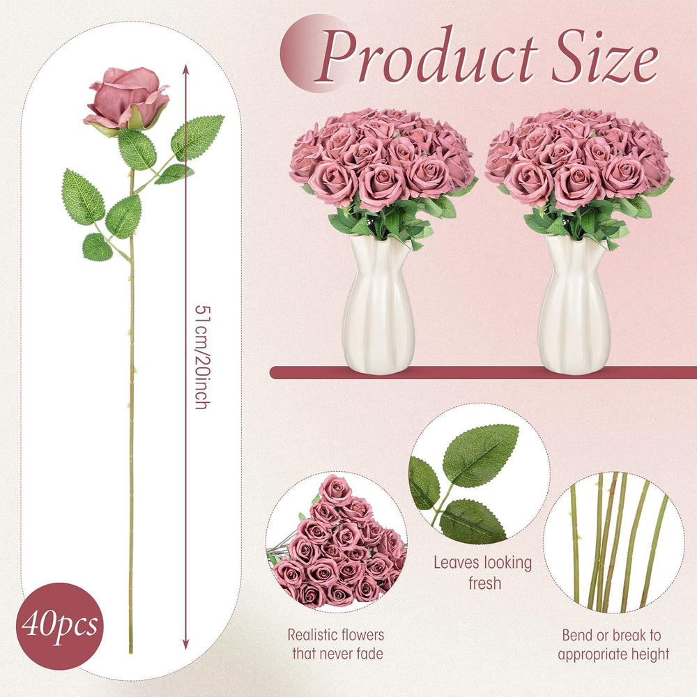 Hotop 40 Pcs Artificial Roses Bulk, Long Stem Fake Flowers, Dusty
