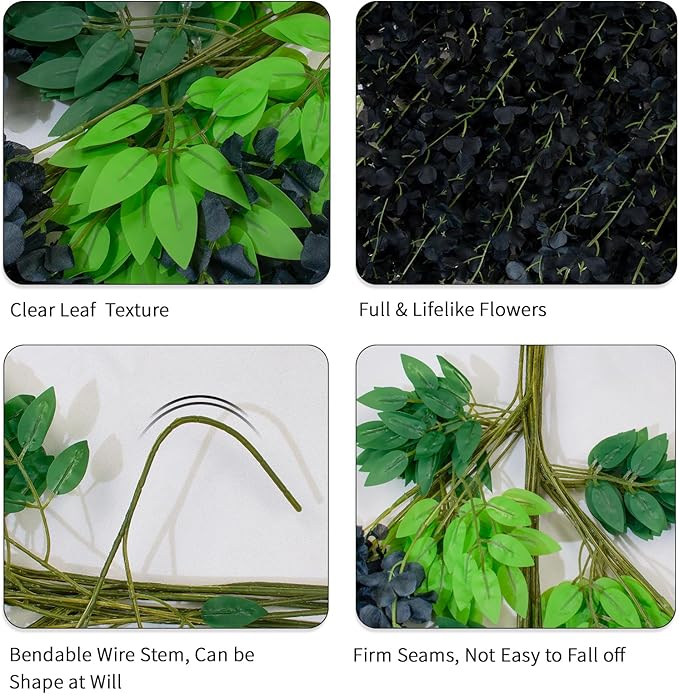 24 Pack Artificial Wisteria Flower Fake Silk Flowers String Vine Ratta Hanging Garland for Home Garden Party Wedding Backdrop Arch Decor (Black)