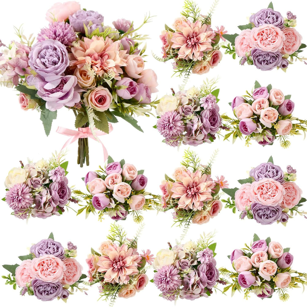 24 Bundles Purple Artificial Flower Bulk Silk Bouquet, Peonies