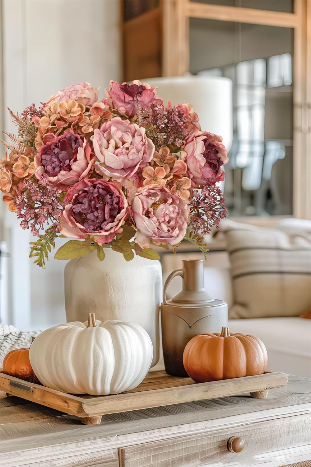 Hollyone 2Pcs Artificial Fall Flowers Bouquet 18.8" Pink Dried Peony Hyd...