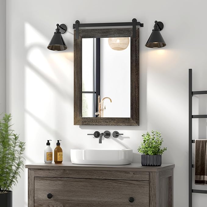 COGOOD Farmhouse Barn Door Mirror - 21" x 30" Rustic Wood Framed Wall Mirror for Bathroom, Living Room, Entryway Wall Decor (Speckled White)