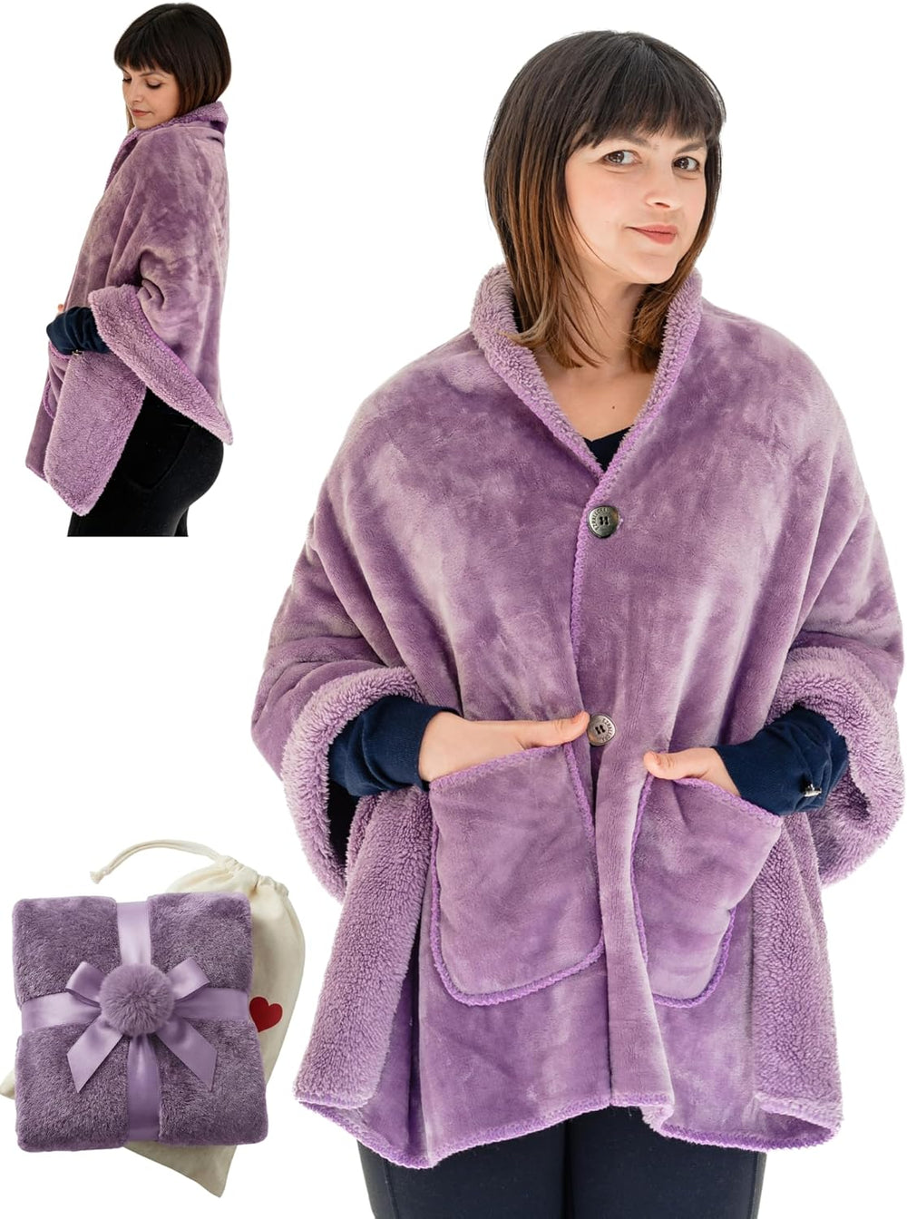 Original Premium Double Layer Poncho Blanket, No Sleeves, Sherpa (Purple)