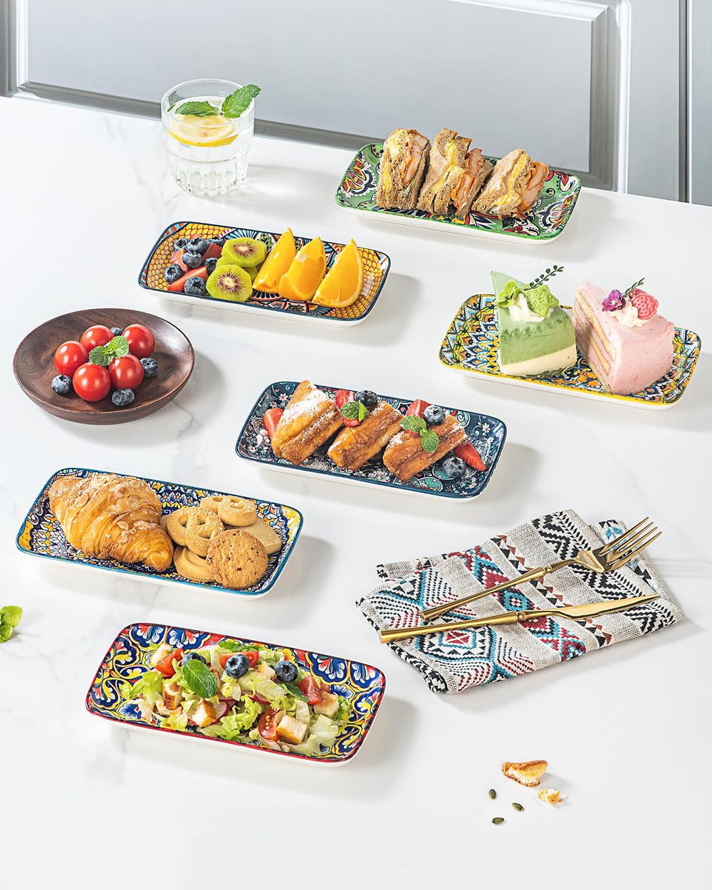 Boho Ceramic Rectangular Appetizer & Sushi Plates Set of 6, 8 Inch