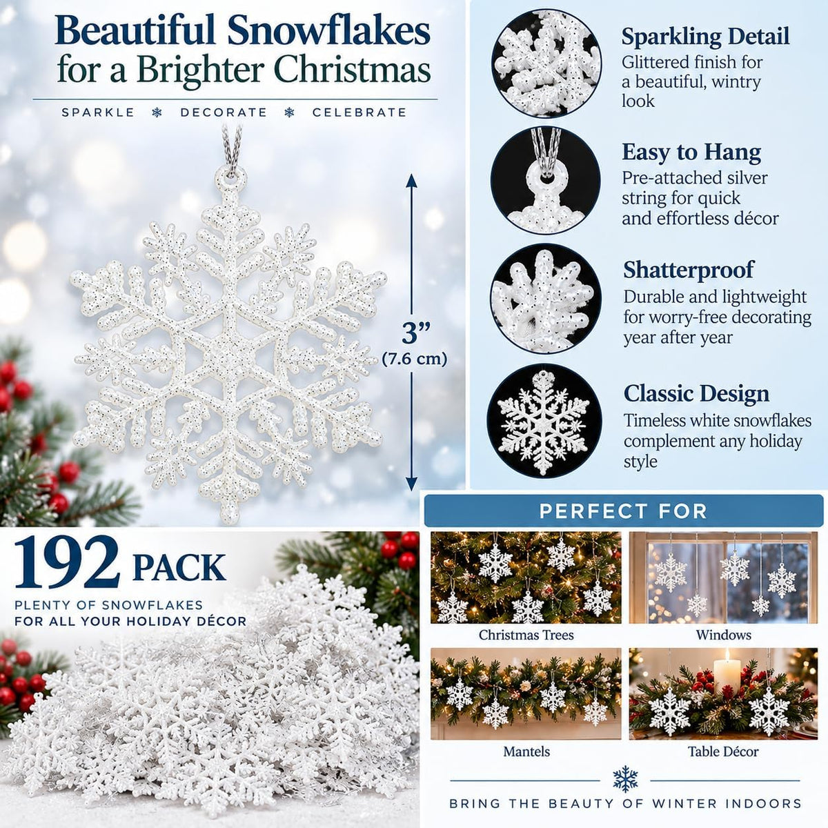snowflake christmas ornaments 192 pack, 3 inch white, close-up detail